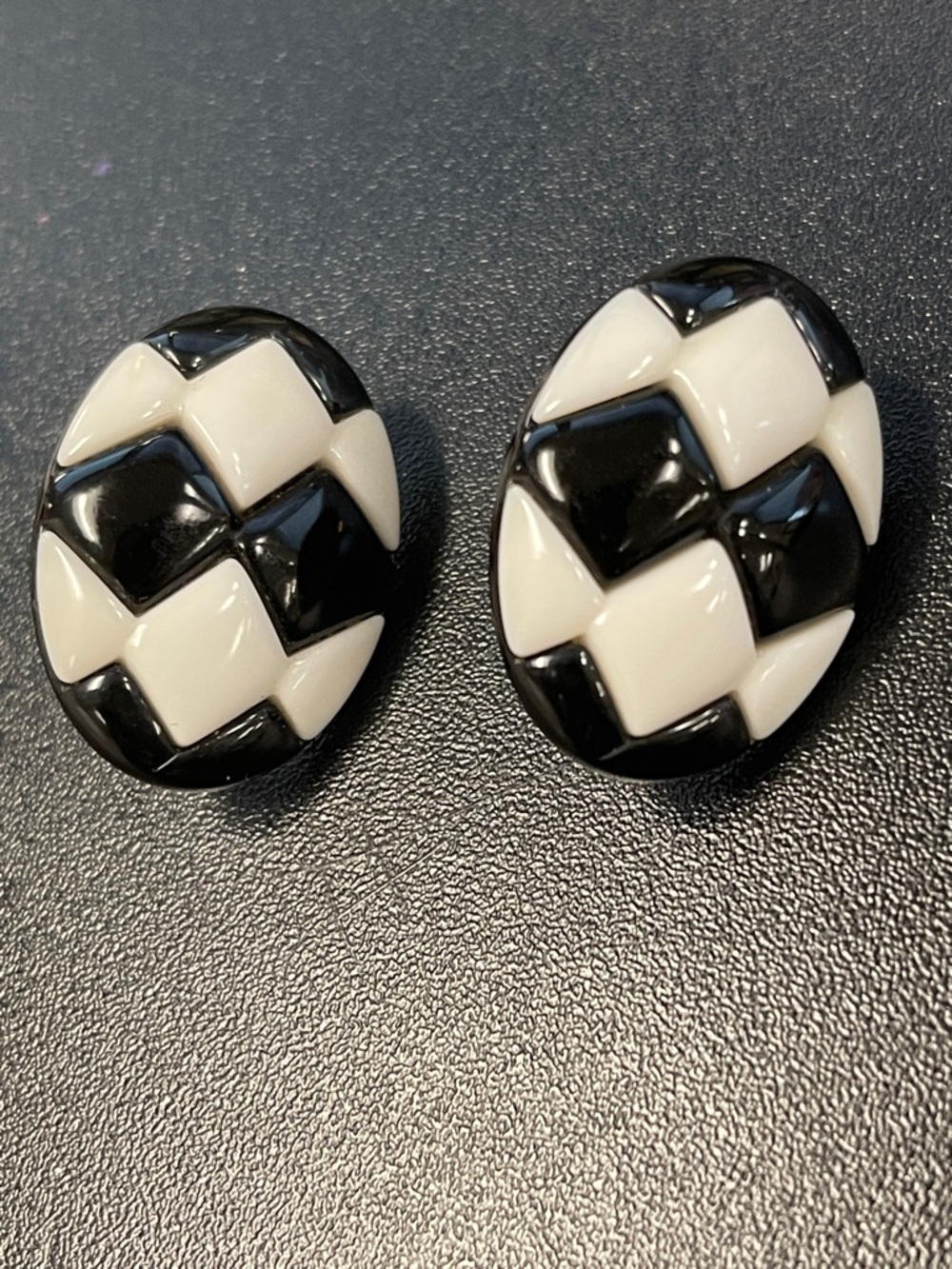 Black and White Checker Oval Clip-On Earrings- B2